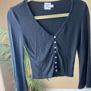 Long Sleeved Button Black Flare Sleeve Top